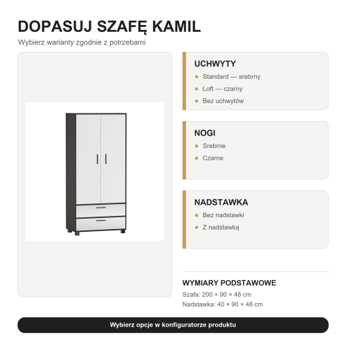 Szafa Kamil Czarny / Biały – dostępne opcje konfiguratora