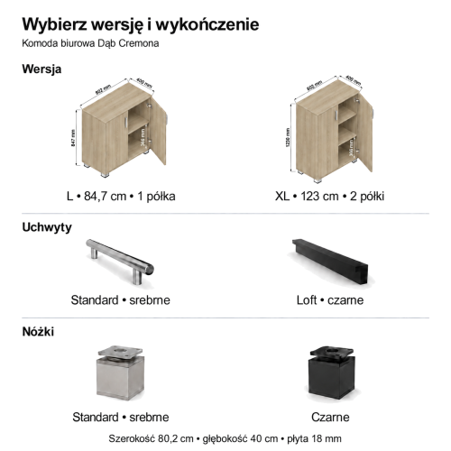 Konfiguracja komody biurowej Dąb Cremona: L lub XL, uchwyty i nóżki