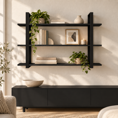 Półka metalowa czarna loftowa – 3 półki w salonie