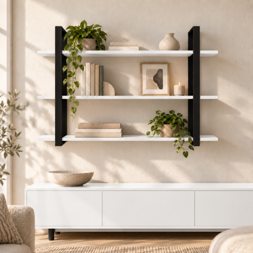 Półka metalowa biała loftowa – 3 półki w salonie