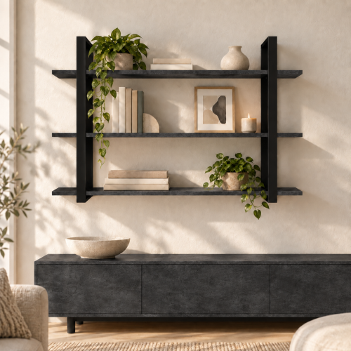 Półka metalowa Beton Czarny loftowa – 3 półki w salonie