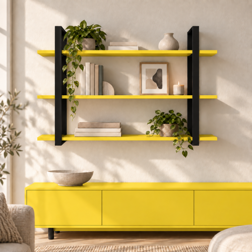 Półka metalowa żółta loftowa – 3 półki w salonie