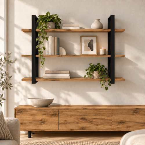 Półka metalowa Dąb Wotan loftowa – 3 półki w salonie