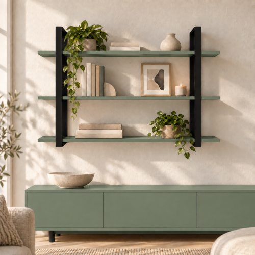 Półka metalowa Dymiona Zieleń loftowa – 3 półki w salonie