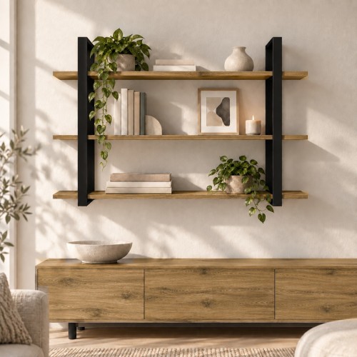 Półka metalowa Dąb Kamienny loftowa – 3 półki w salonie
