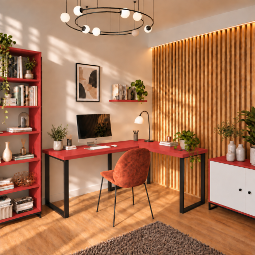 Biurko narożne loft w dekorze Czerwony w aranżacji domowego biura