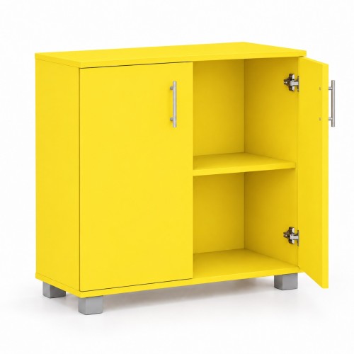 Komoda biurowa na dokumenty w dekorze Żółty – wersja L z otwartymi prawymi drzwiami i półką