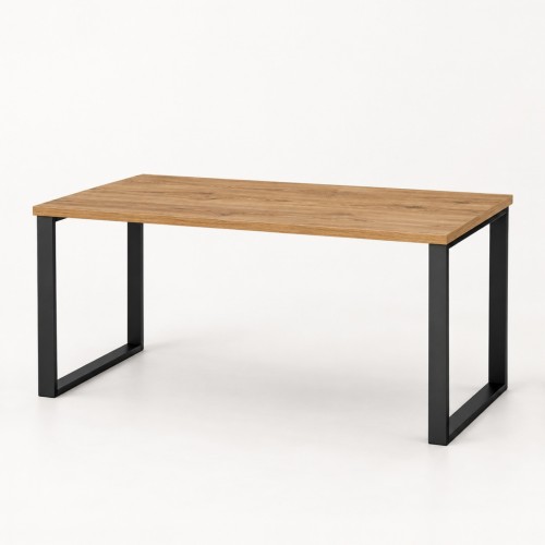 Stół kuchenny z metalowymi nogami w dekorze Dąb Złoty – blat 140 × 80 cm, czarne nogi, widok 3/4