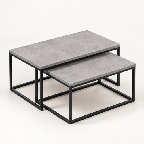 Stolik metalowy podwójny 2w1 w dekorze Beton Jasny – większy 100 × 60 × 45 cm i mniejszy wysunięty, widok 3/4