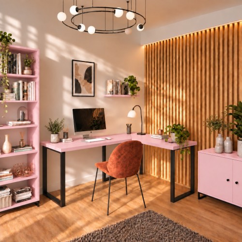 Biurko narożne loft w dekorze Różowy w aranżacji domowego biura