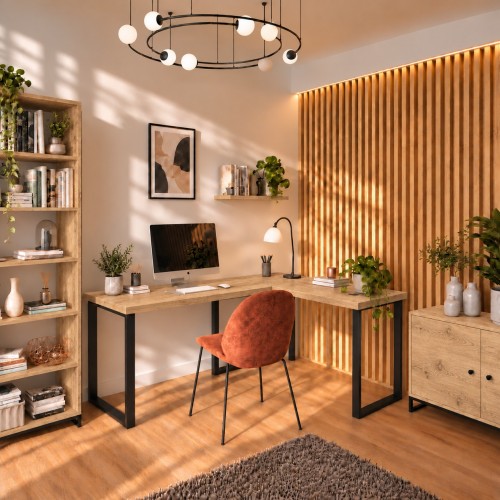 Biurko narożne loft w dekorze Dąb Evoke w aranżacji domowego biura