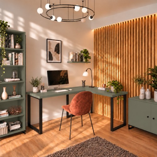Biurko narożne loft w dekorze Dymiona Zieleń w aranżacji domowego biura