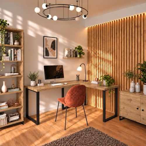 Biurko narożne loft w dekorze Dąb Kamienny w aranżacji domowego biura