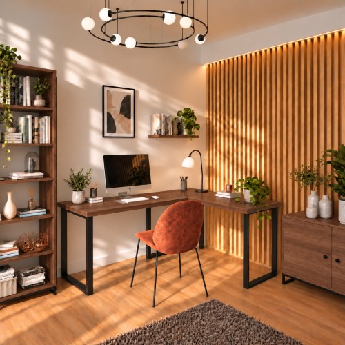 Biurko narożne loft w dekorze Orzech w aranżacji domowego biura