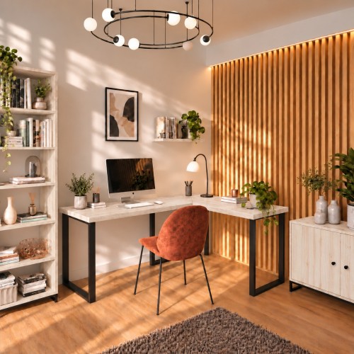 Biurko narożne loft w dekorze Sosna w aranżacji domowego biura