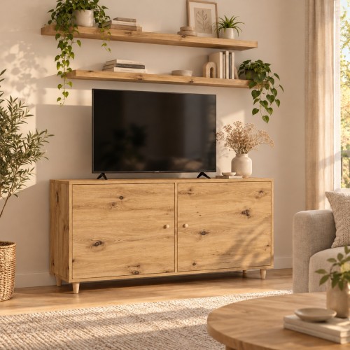 Komoda skandynawska w dekorze Dąb Artisan w jasnym salonie pod telewizorem