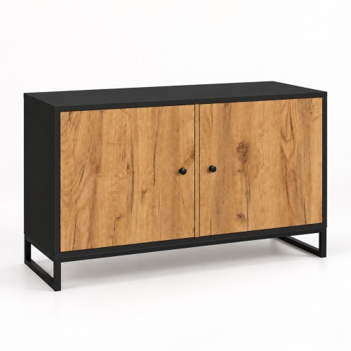 Komoda metalowa w dekorze Czarna / Dąb Złoty – 100 × 40 cm, czarny stalowy stelaż