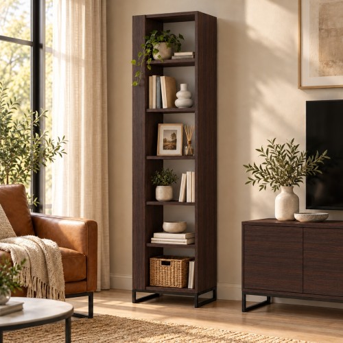 Regał metalowy pojedynczy Metalove w dekorze Wenge – w salonie