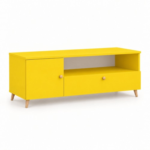 Szafka RTV SCANDI w dekorze Żółty – 120 × 40 cm, nogi bukowe