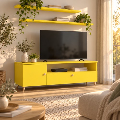 Szafka RTV SCANDI w dekorze Żółty pod telewizorem w jasnym salonie