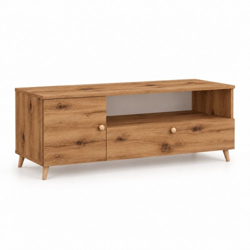 Szafka RTV SCANDI w dekorze Dąb Evoke – 120 × 40 cm, nogi bukowe