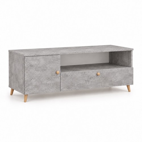 Szafka RTV SCANDI w dekorze Beton – 120 × 40 cm, nogi bukowe