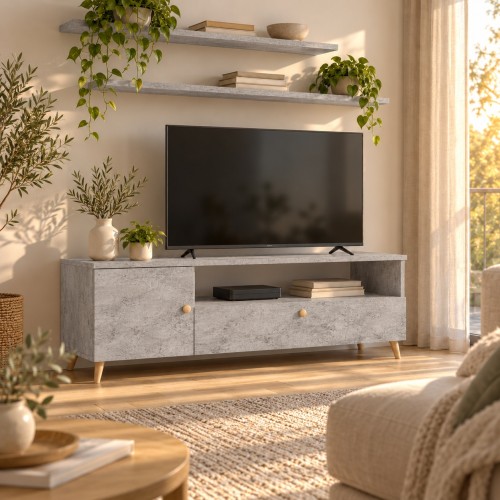 Szafka RTV SCANDI w dekorze Beton pod telewizorem w jasnym salonie