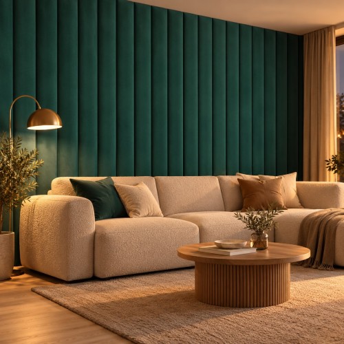 Lamele tapicerowane na wymiar Magic Velvet 2225 butelkowa zieleń – ściana w salonie
