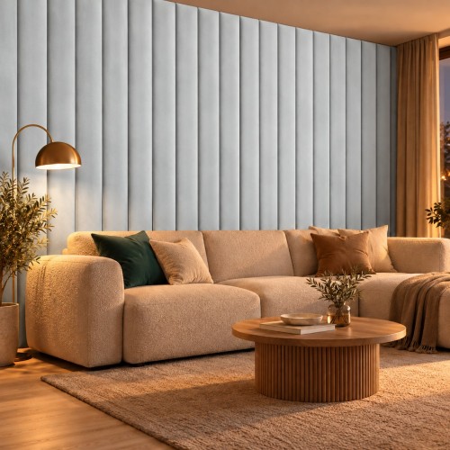 Lamele tapicerowane na wymiar Magic Velvet 2247 rozbielona zieleń – ściana w salonie