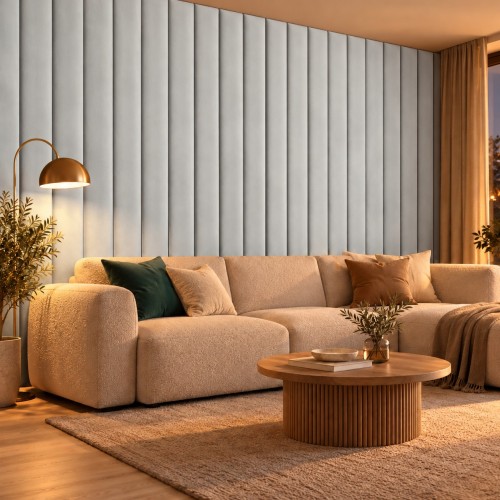 Lamele tapicerowane na wymiar Magic Velvet 2239 popiel jasny – ściana w salonie