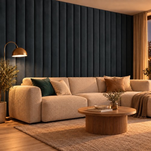Lamele tapicerowane na wymiar Magic Velvet 2219 czarny – ściana w salonie