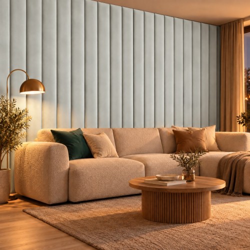 Lamele tapicerowane na wymiar Magic Velvet 2245 szary zielony – ściana w salonie