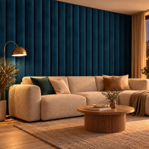 Lamele tapicerowane na wymiar Magic Velvet 2211 szafirowy granat – ściana w salonie