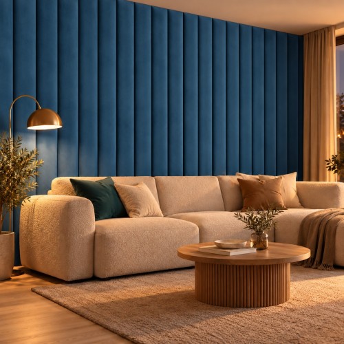 Lamele tapicerowane na wymiar Magic Velvet 2203 ciemny niebieski – ściana w salonie