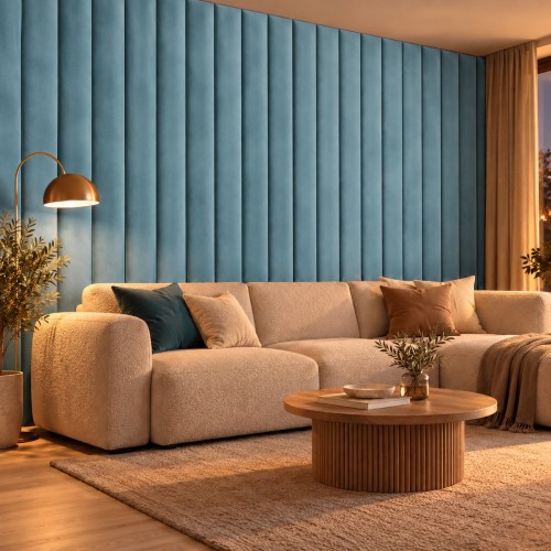 Lamele tapicerowane na wymiar Magic Velvet 2223 lazurowy – ściana w salonie