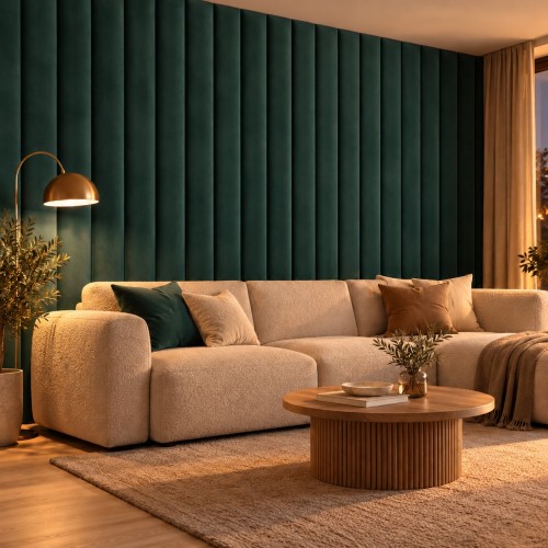 Lamele tapicerowane na wymiar Magic Velvet 2292 świerkowa zieleń – ściana w salonie