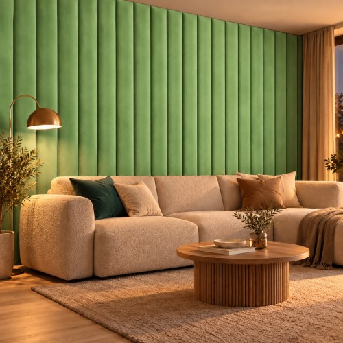 Lamele tapicerowane na wymiar Magic Velvet 2251 groszkowa zieleń – ściana w salonie