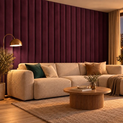 Lamele tapicerowane na wymiar Magic Velvet 2202 oberżyna – ściana w salonie