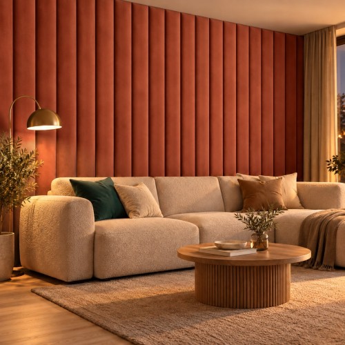 Lamele tapicerowane na wymiar Magic Velvet 2242 ceglasty – ściana w salonie