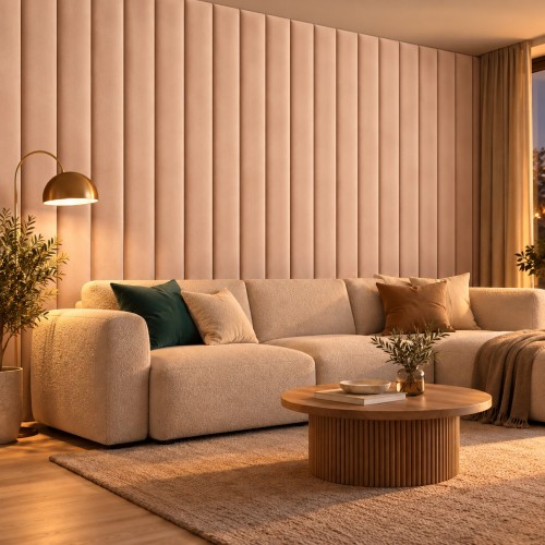 Lamele tapicerowane na wymiar Magic Velvet 2261 brzoskwinia pastelowa – ściana w salonie