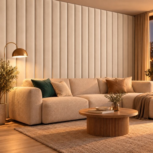 Lamele tapicerowane na wymiar Magic Velvet 2262 jasna brzoskwinia – ściana w salonie