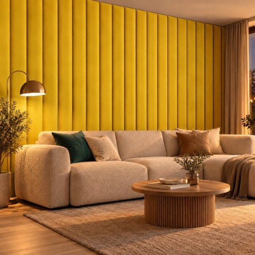 Lamele tapicerowane na wymiar Magic Velvet 2290 żółty – ściana w salonie