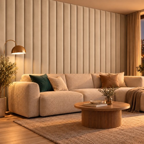 Lamele tapicerowane na wymiar Magic Velvet 2281 ciepły beż – ściana w salonie