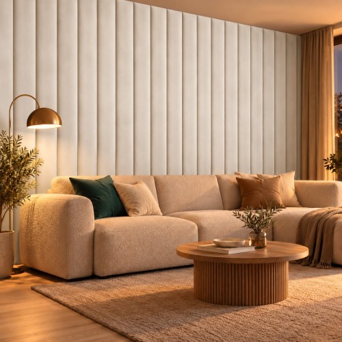 Lamele tapicerowane na wymiar Magic Velvet 2256 ecru – ściana w salonie