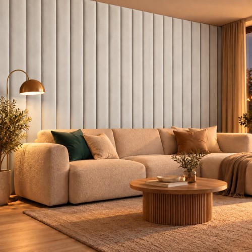 Lamele tapicerowane na wymiar Magic Velvet 2250 śmietankowy – ściana w salonie