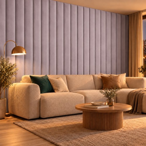 Lamele tapicerowane na wymiar Magic Velvet 2255 liliowy – ściana w salonie