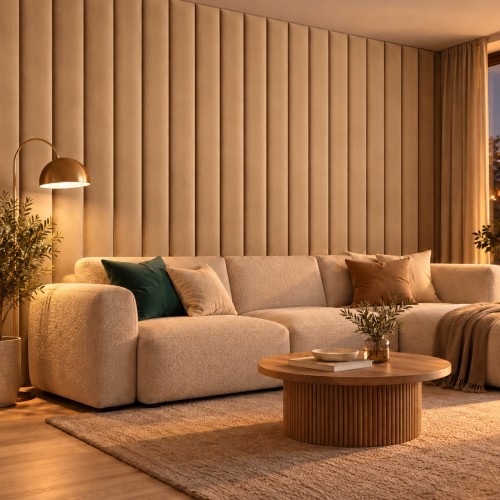 Lamele tapicerowane na wymiar Magic Velvet 2298 płowy brąz – ściana w salonie