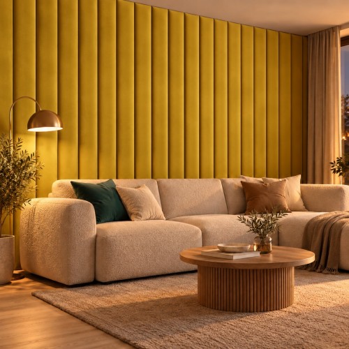 Lamele tapicerowane na wymiar Magic Velvet 2289 musztardowy – ściana w salonie
