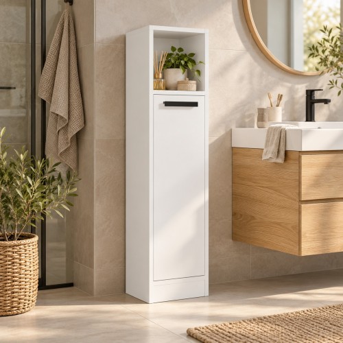 Stojąca szafka łazienkowa 25,5 cm z drzwiczkami i otwartą półką, 102 cm Biały – w łazience