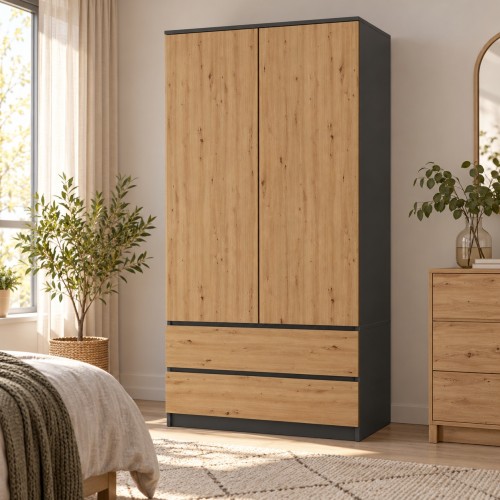 Szafa 90 cm z szufladami, 180 cm Antracyt / Dąb Artisan – we wnętrzu